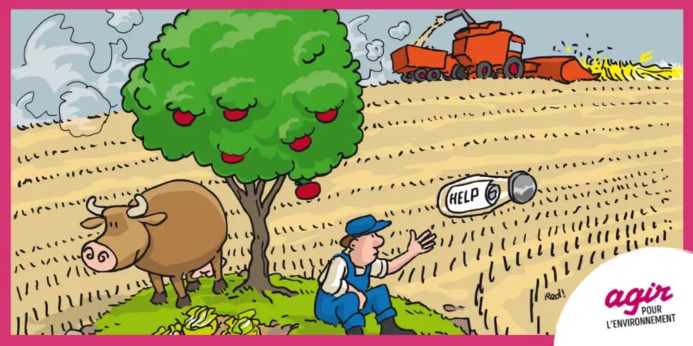 Agricultureur bio entouré de machines agricoles qui rase les champs